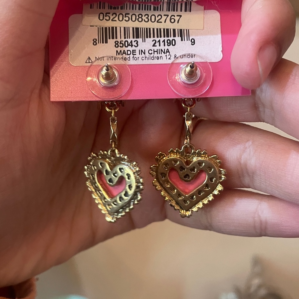 Betsey Johnson Gold and Pink Polka Dot Heart Earrings - Picture 4 of 4
